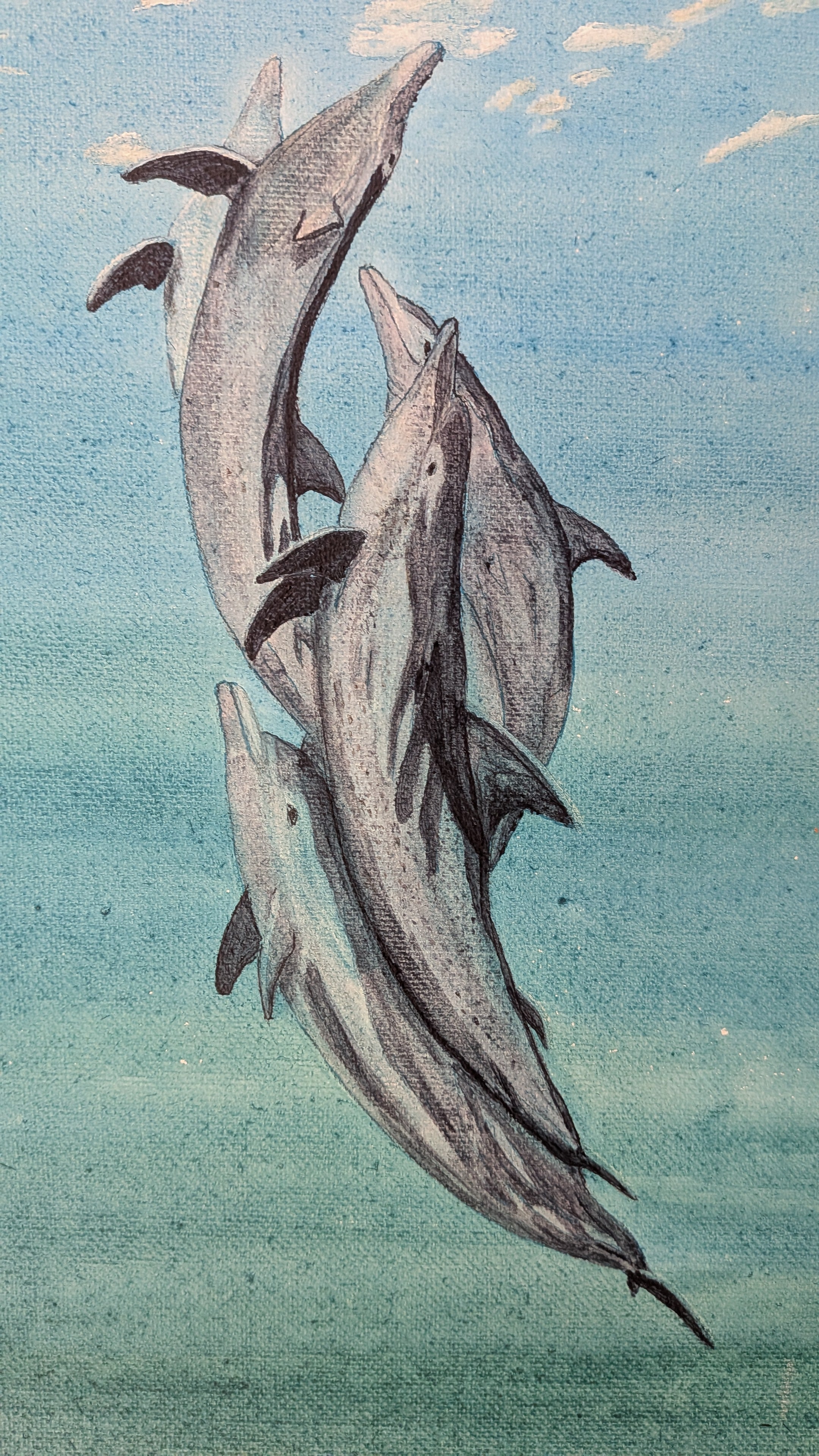 original 11x14 acrylic painting, dolphins swimming together to the surface of the ocean, pictures close-up of dolphins