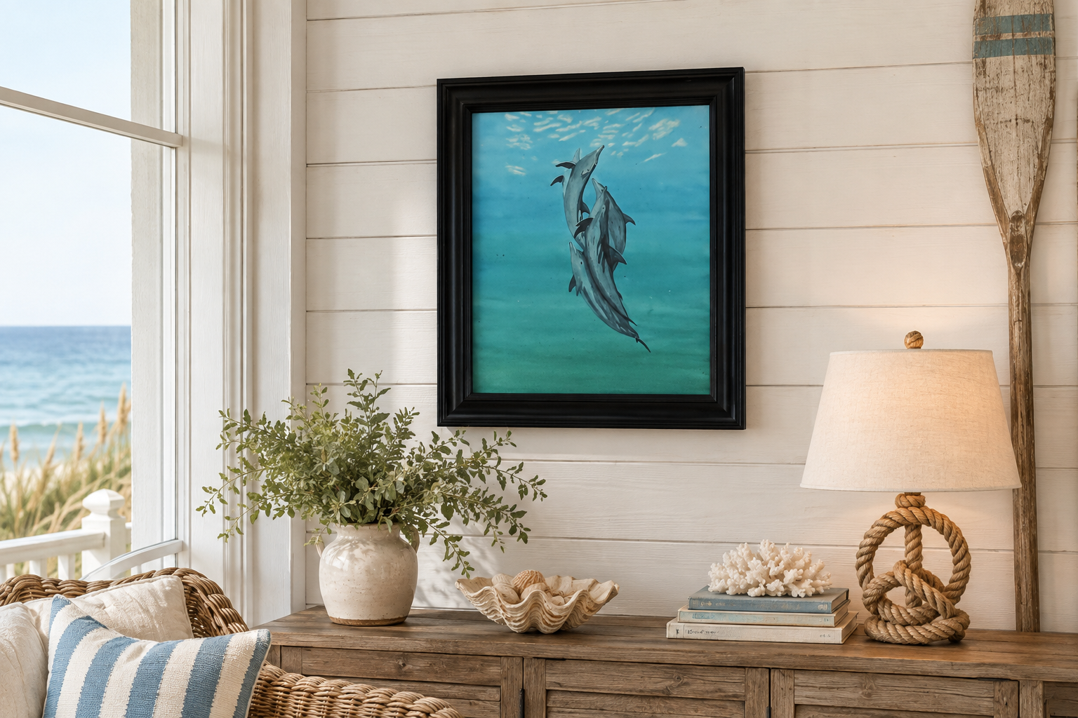 original 11x14" acrylic painting, dolphins swimming together to the surface of the ocean, shown in a seaside cottage