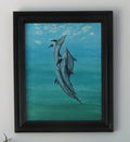 original 11x14" acrylic painting, dolphins swimming together to the surface of the ocean, framed