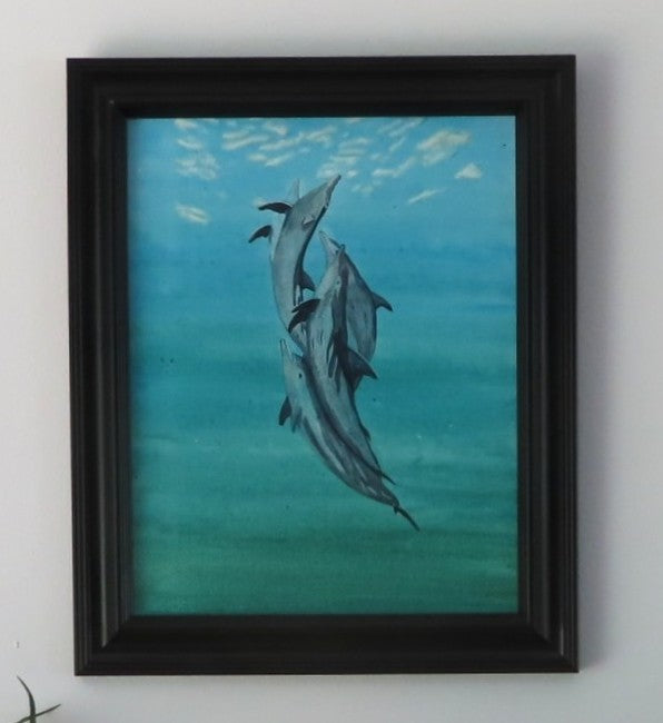 original 11x14" acrylic painting, dolphins swimming together to the surface of the ocean, framed