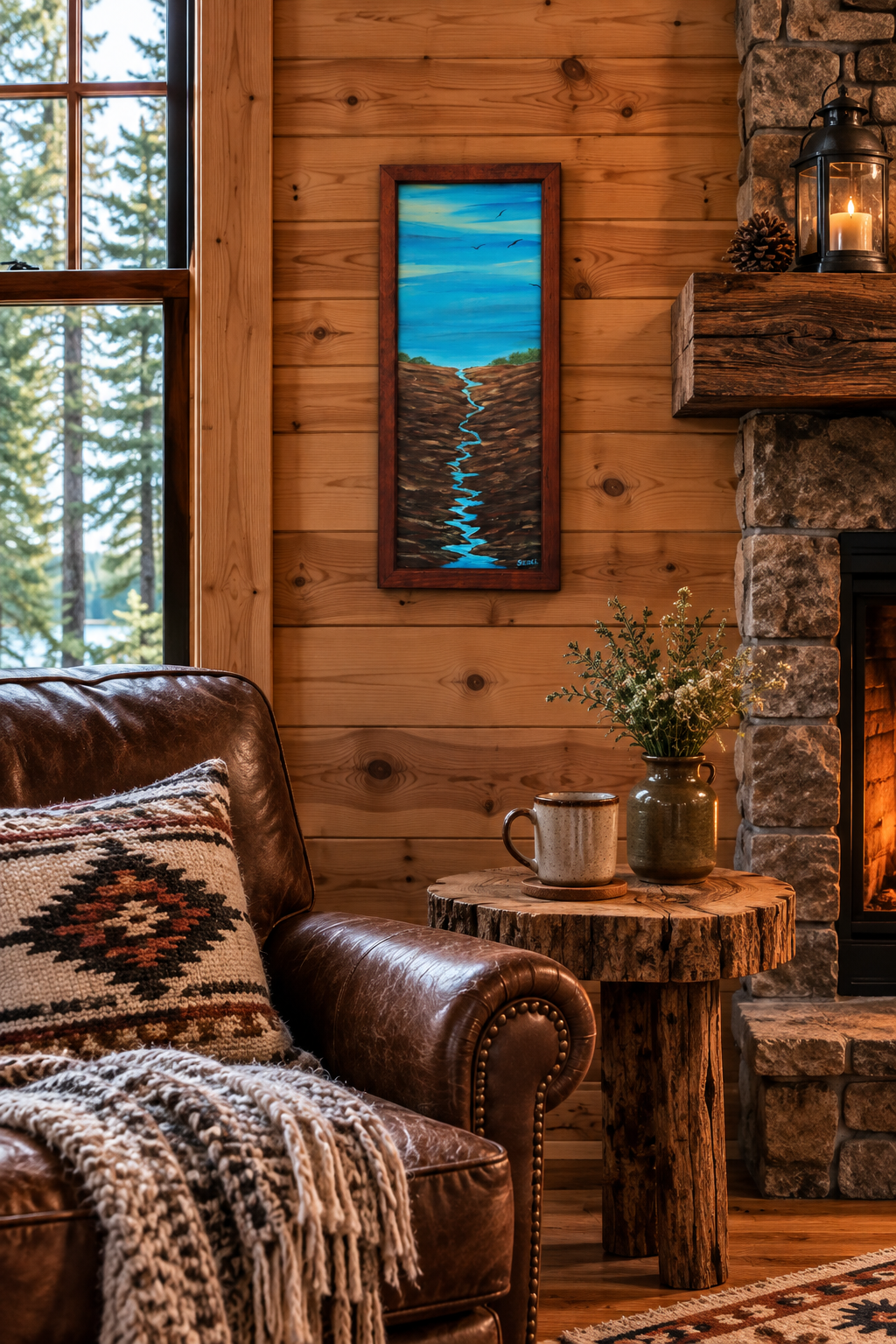 10x23 1/2" original abstract acrylic painting on wood panel, big sky water, river gorge, framed, displayed in a cabin