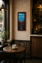 10x23 1/2" original abstract acrylic painting on wood panel, big sky water, river gorge, framed, shown in cafe