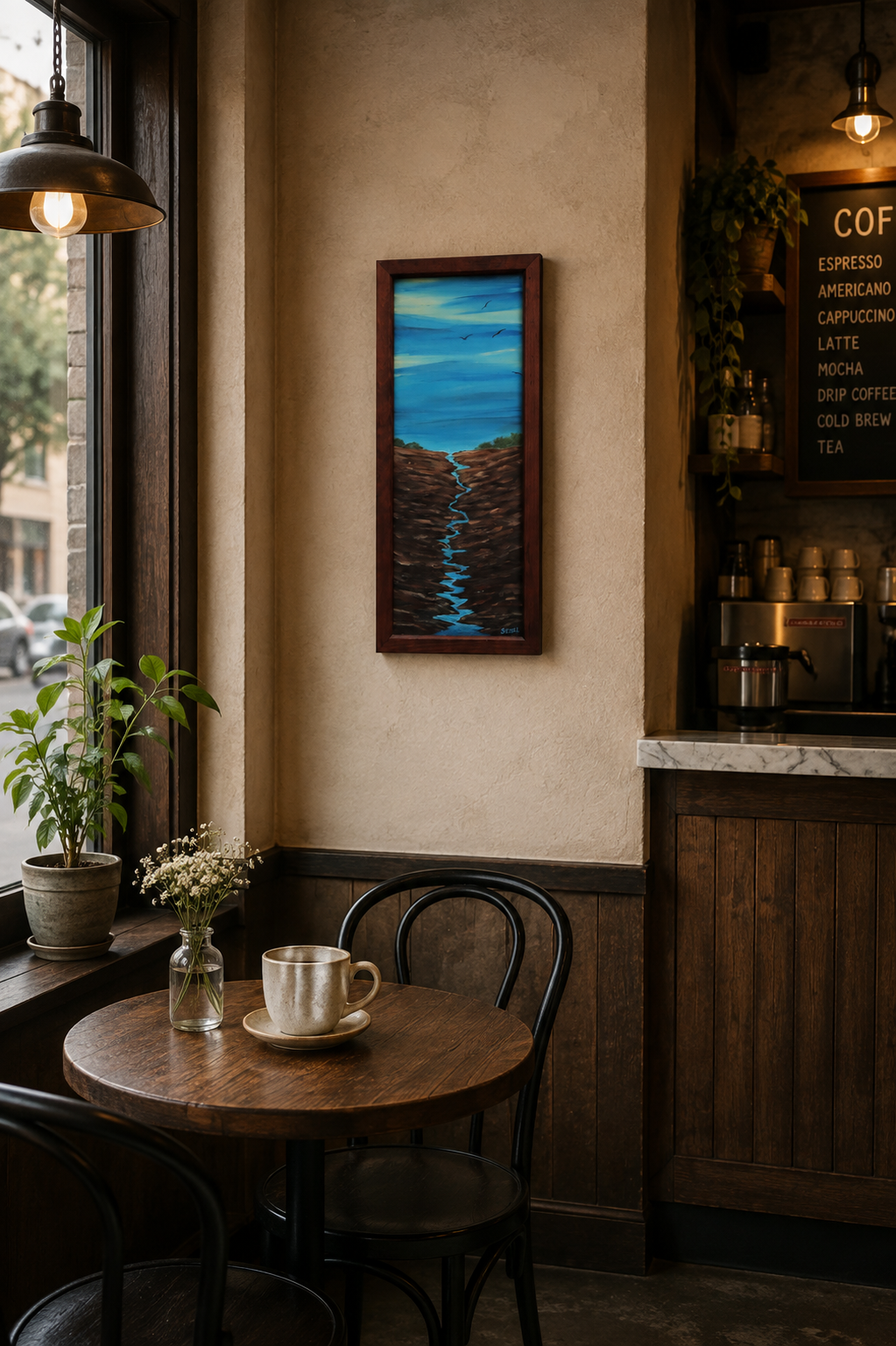 10x23 1/2" original abstract acrylic painting on wood panel, big sky water, river gorge, framed, shown in cafe