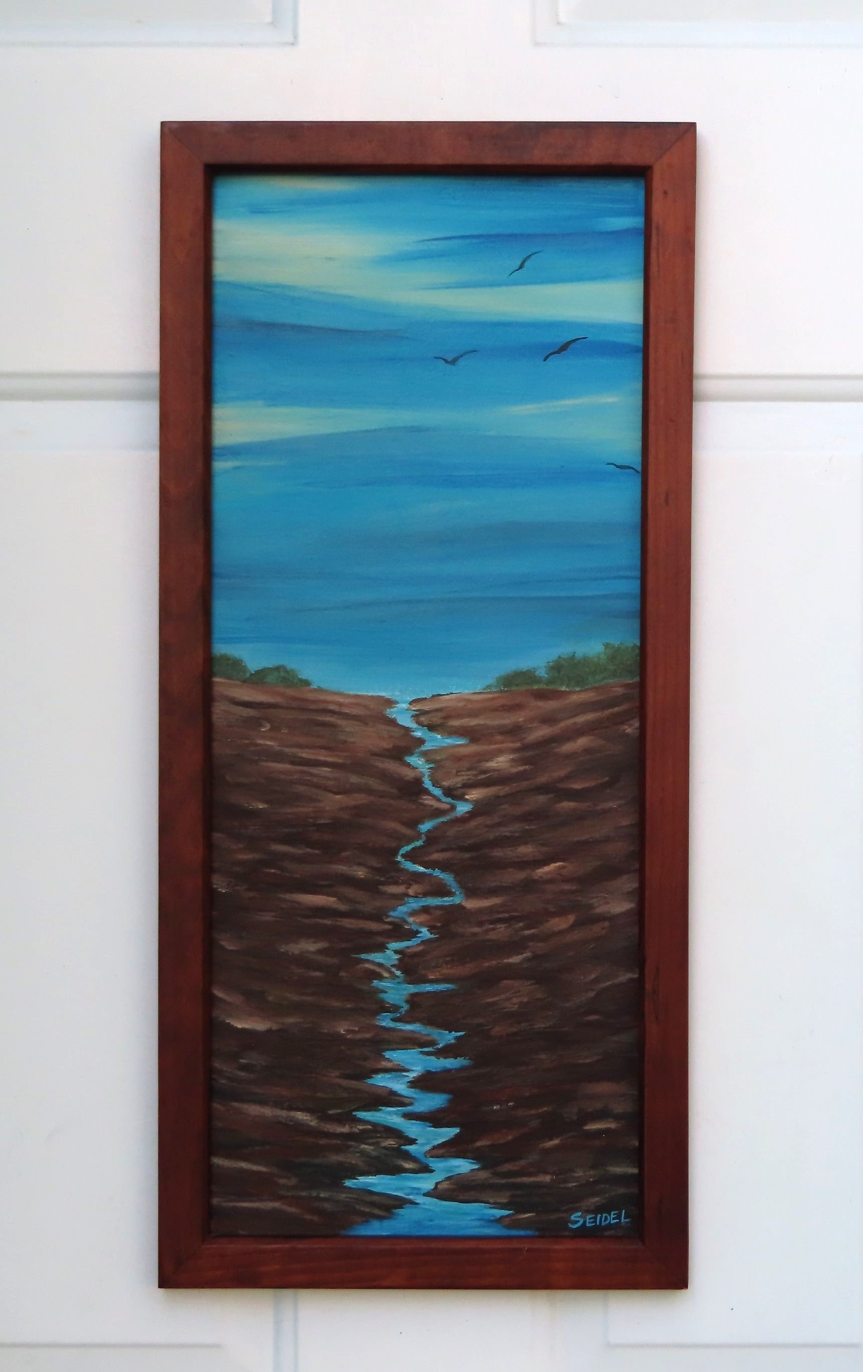 10x23 1/2" original abstract acrylic painting on wood panel, big sky water, river gorge, framed