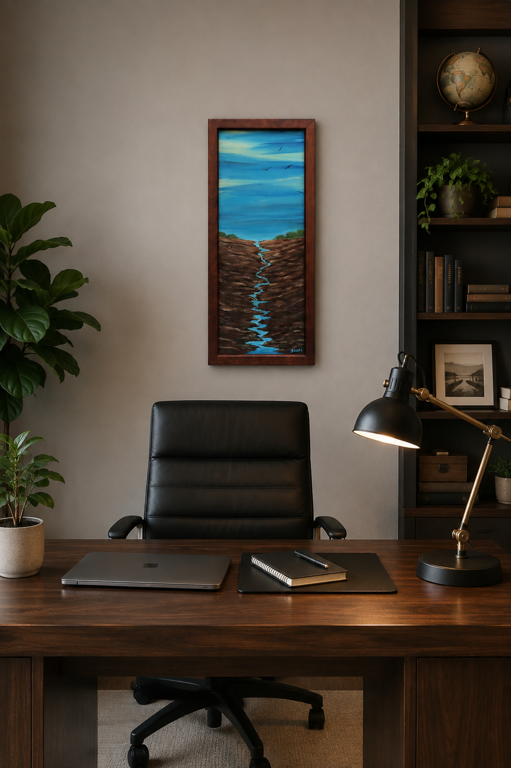 10x23 1/2" original abstract acrylic painting on wood panel, big sky water, river gorge, framed, displayed behind office desk