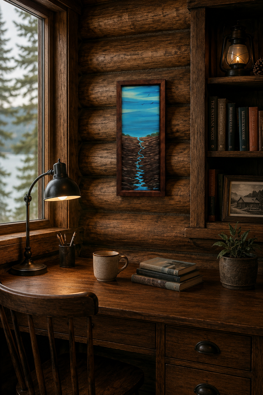 10x23 1/2" original abstract acrylic painting on wood panel, big sky water, river gorge, shown in rustic cabin office