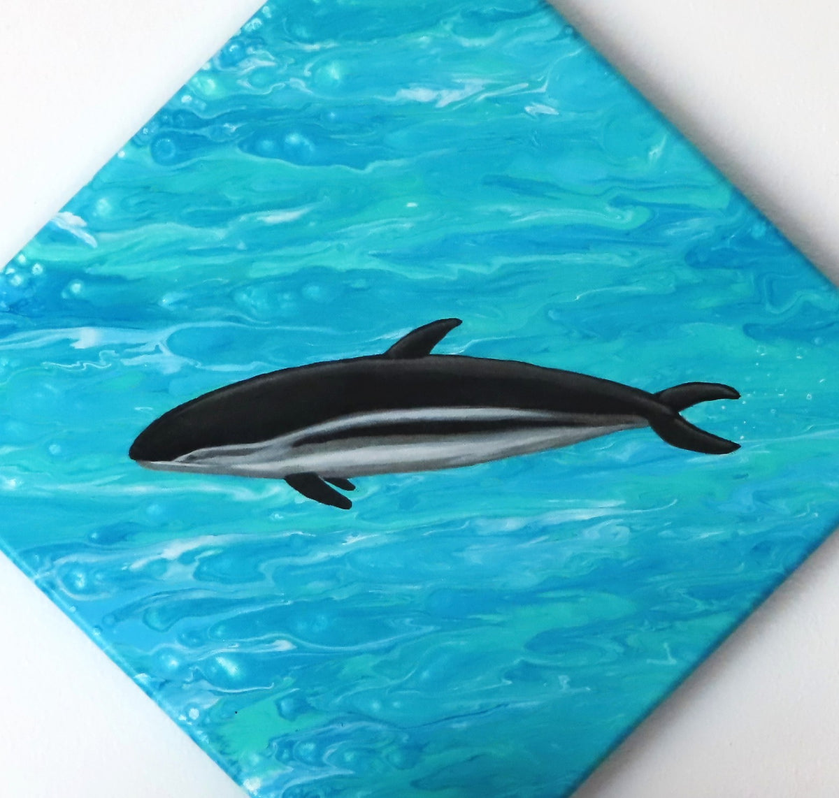 12x12" canvas measures 17x17" when displayed diagnally. The dusky dolphin is a bright focal point on a poured acrylic background which looks remarkably like water, especially in this close-up