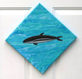 12x12" canvas measures 17x17" when displayed diagnally. The dusky dolphin is a bright focal point on a poured acrylic background which looks remarkably like water.