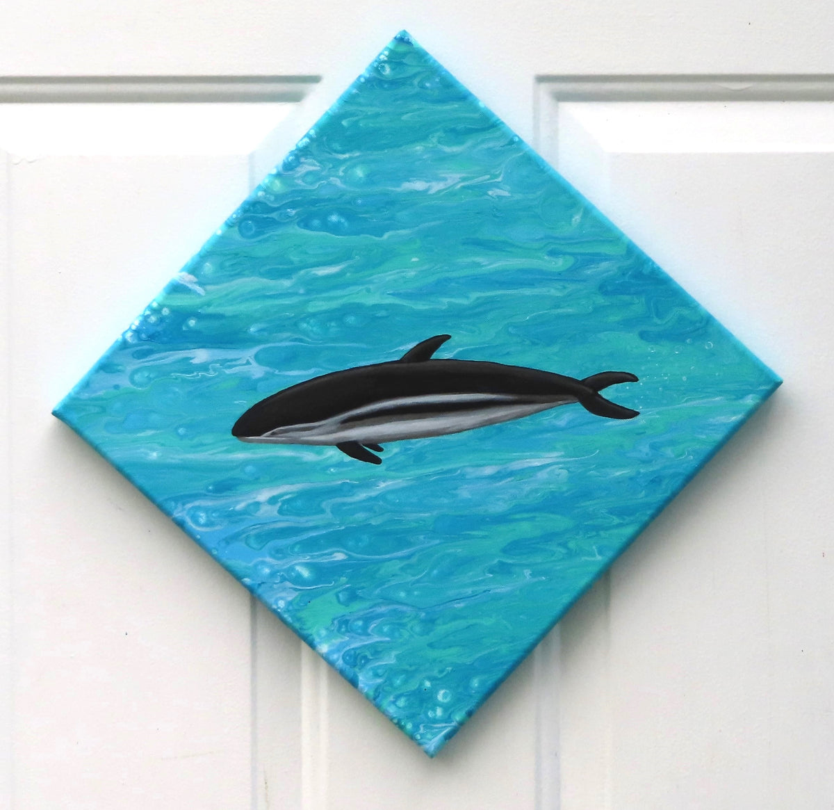 12x12" canvas measures 17x17" when displayed diagnally. The dusky dolphin is a bright focal point on a poured acrylic background which looks remarkably like water.