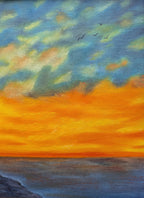 closeup of birds in darkening sky over sunset