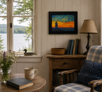 original oil painting of Erie Pierhead light house silhouetted by beautiful sunset and clouds, painted on 11 x 14 canvas panel, framed in modern black frame, displayed in lakeside cottage