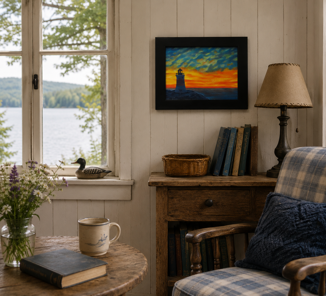 original oil painting of Erie Pierhead light house silhouetted by beautiful sunset and clouds, painted on 11 x 14 canvas panel, framed in modern black frame, displayed in lakeside cottage