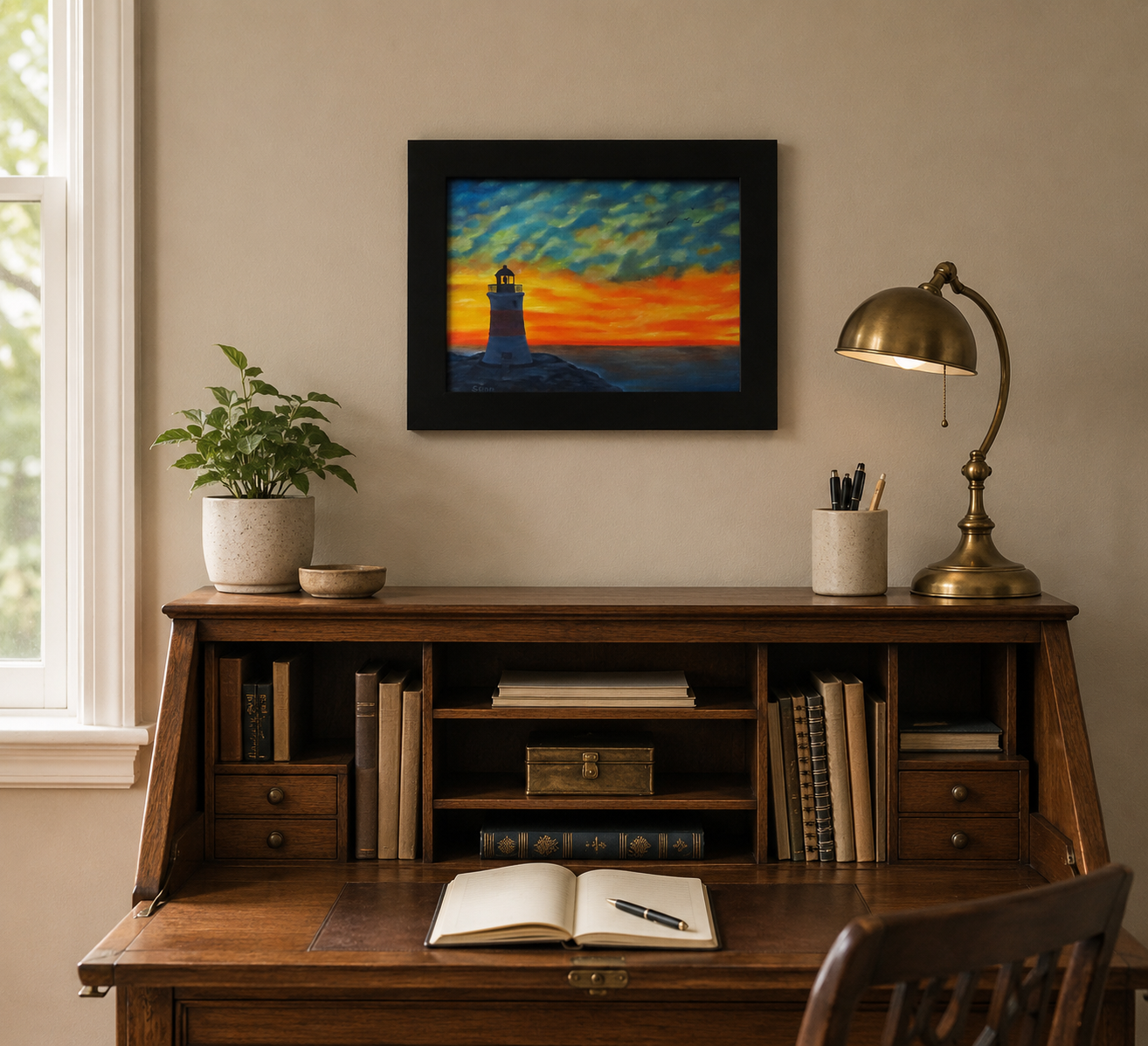 original oil painting of Erie Pierhead light house silhouetted by beautiful sunset and clouds, painted on 11 x 14 canvas panel, framed in modern black frame, pictured over desk