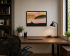 18" tall x 24" wide  original oil painting, pastel pallette, beautiful mists in mountains, climber, framed in black, displayed over desk
