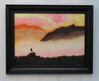 18" tall x 24" wide  original oil painting, pastel pallette, beautiful mists in mountains, climber, framed in black