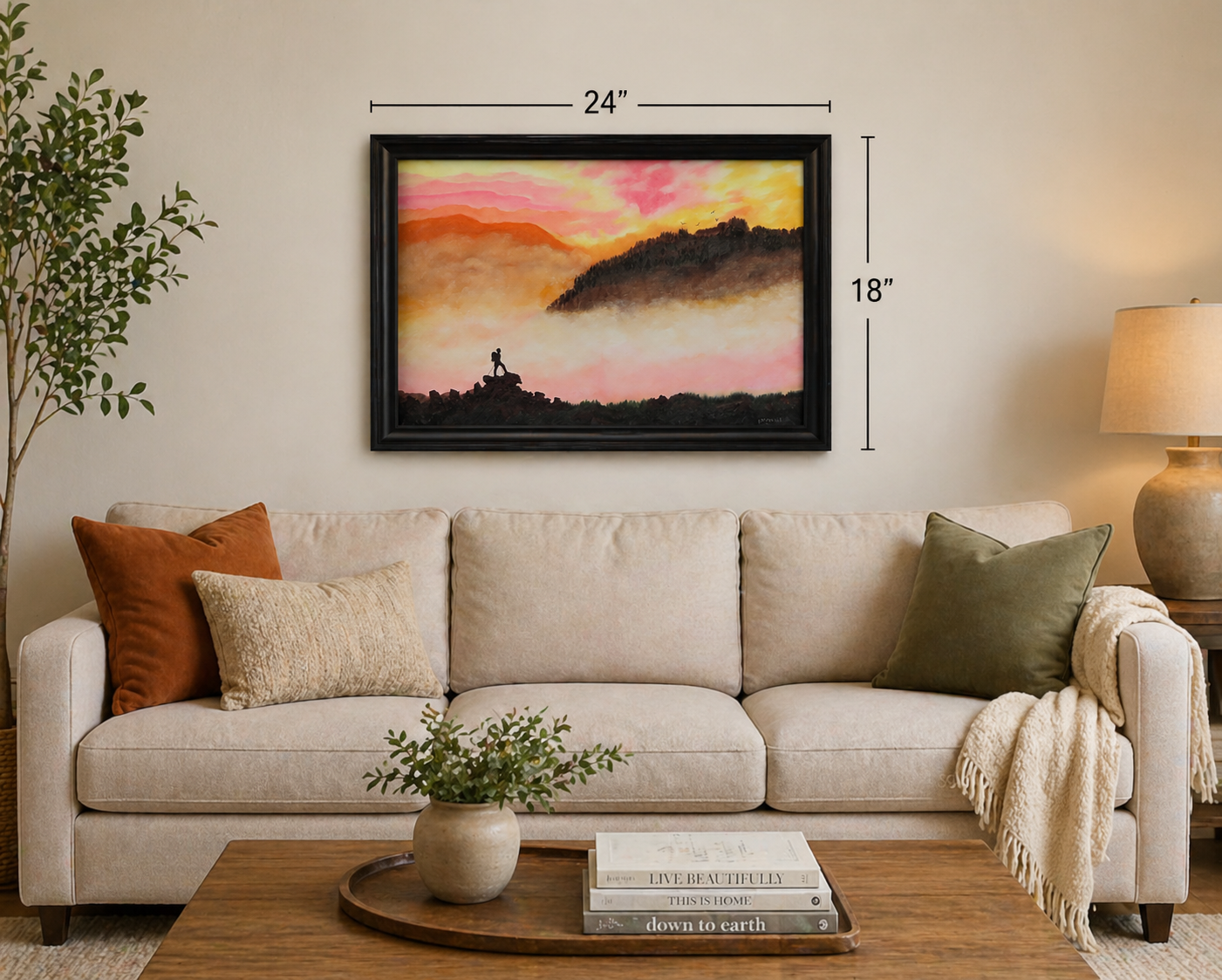 18" tall x 24" wide  original oil painting, pastel pallette, beautiful mists in mountains, climber, framed in black, displayed over sofa