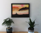 18" tall x 24" wide  original oil painting, pastel pallette, beautiful mists in mountains, climber, framed in black, displayed on wall over table