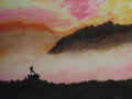 18" tall x 24" wide original oil painting, pastel pallette, beautiful mists in mountains, climber, unframed