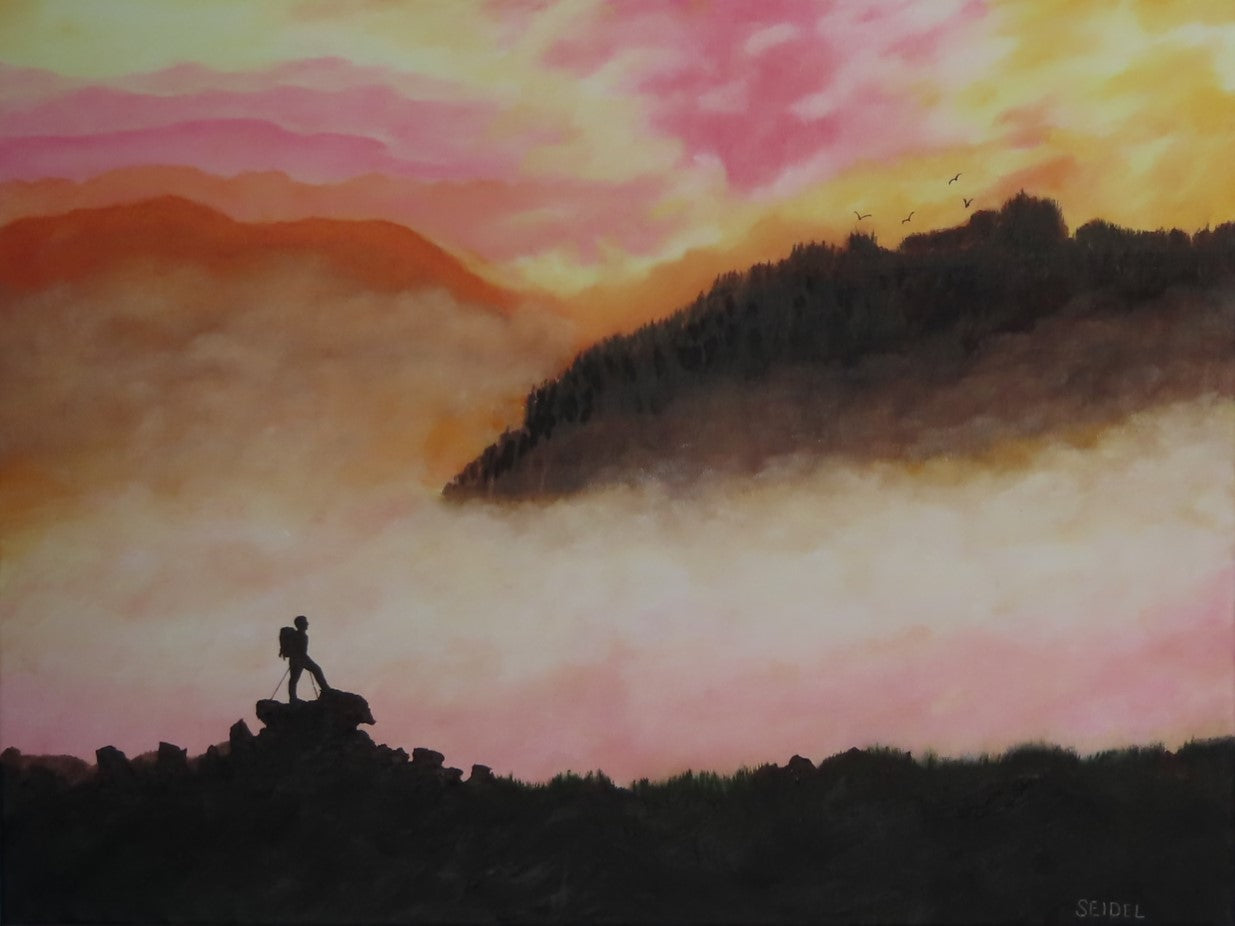 18" tall x 24" wide original oil painting, pastel pallette, beautiful mists in mountains, climber, unframed
