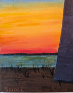 11x14" Original oil painting of a lovely sunset and lighthouse, showing a close-up 
