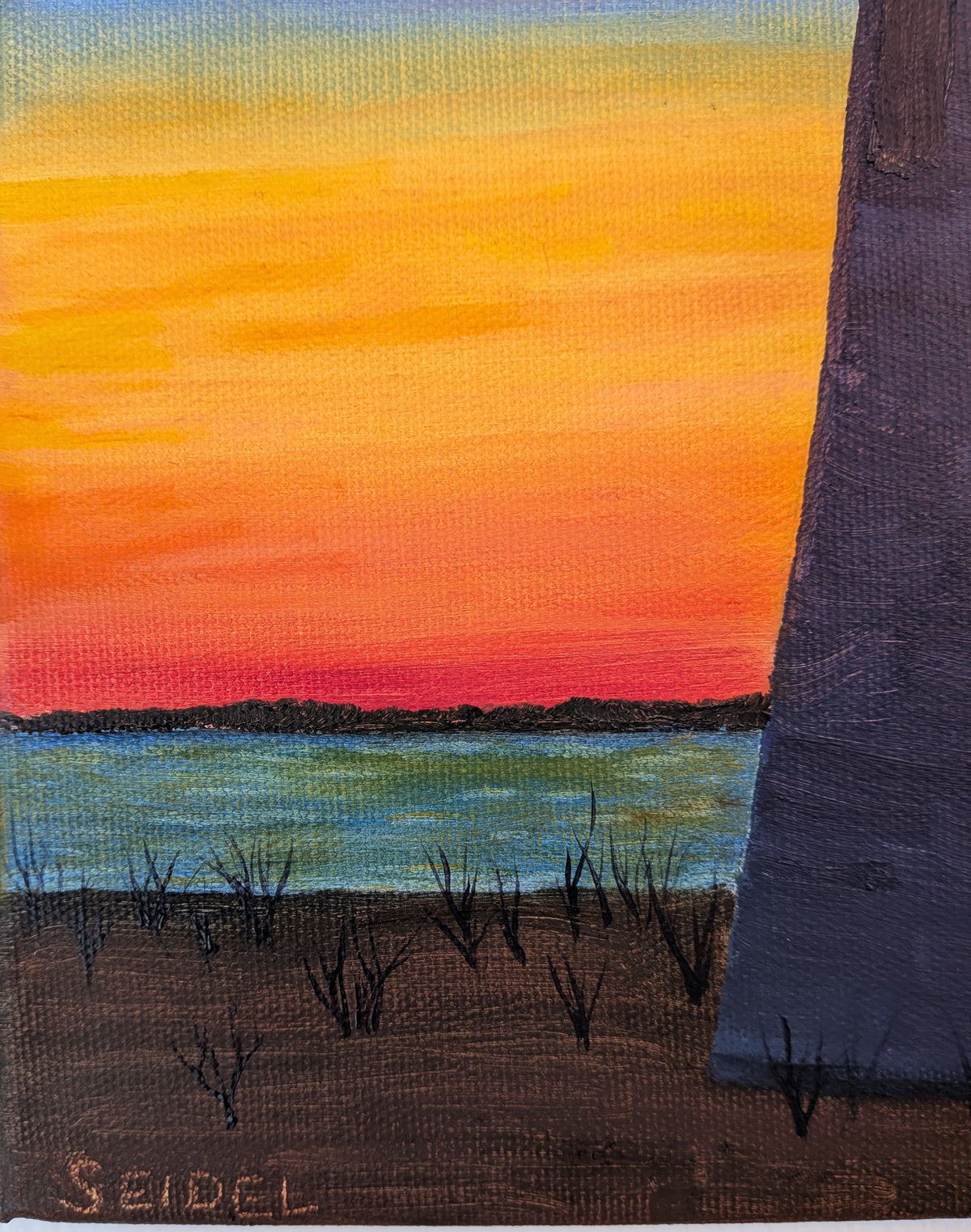 11x14" Original oil painting of a lovely sunset and lighthouse, showing a close-up 