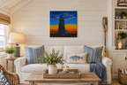 14x14" original oil painting, beautiful sunset, wispy clouds, ocean, lighthouse, unframed, shown in a seaside cottage