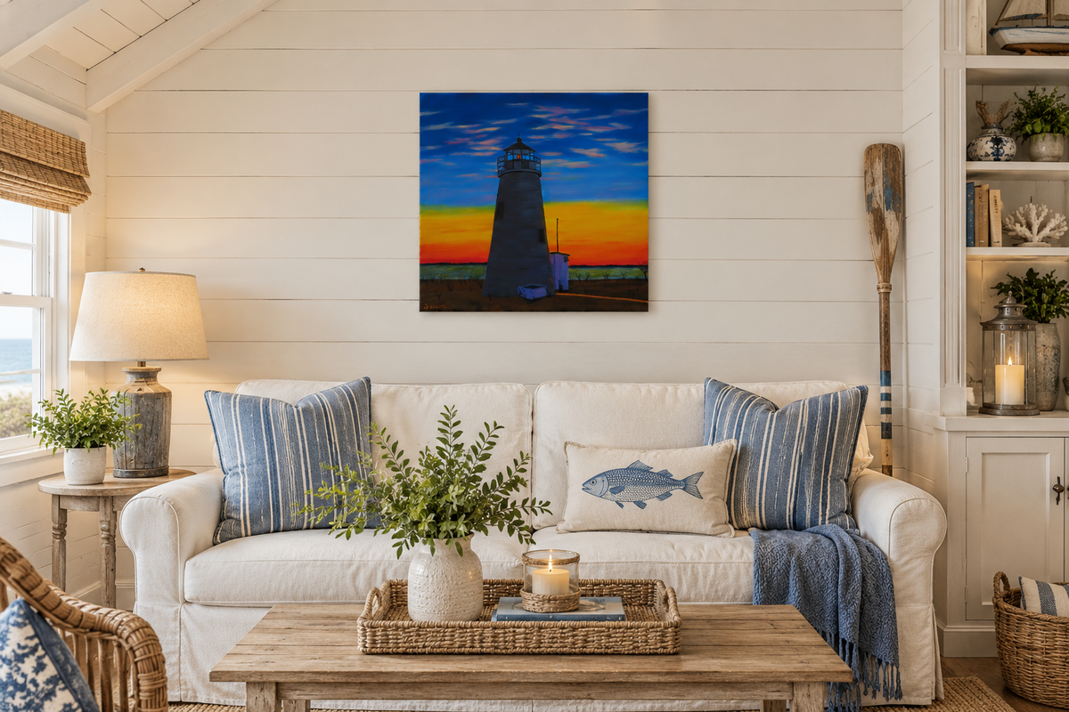 14x14" original oil painting, beautiful sunset, wispy clouds, ocean, lighthouse, unframed, shown in a seaside cottage