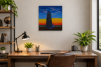 14x14" original oil painting, beautiful sunset, wispy clouds, ocean, lighthouse, unframed, shown over an office desk