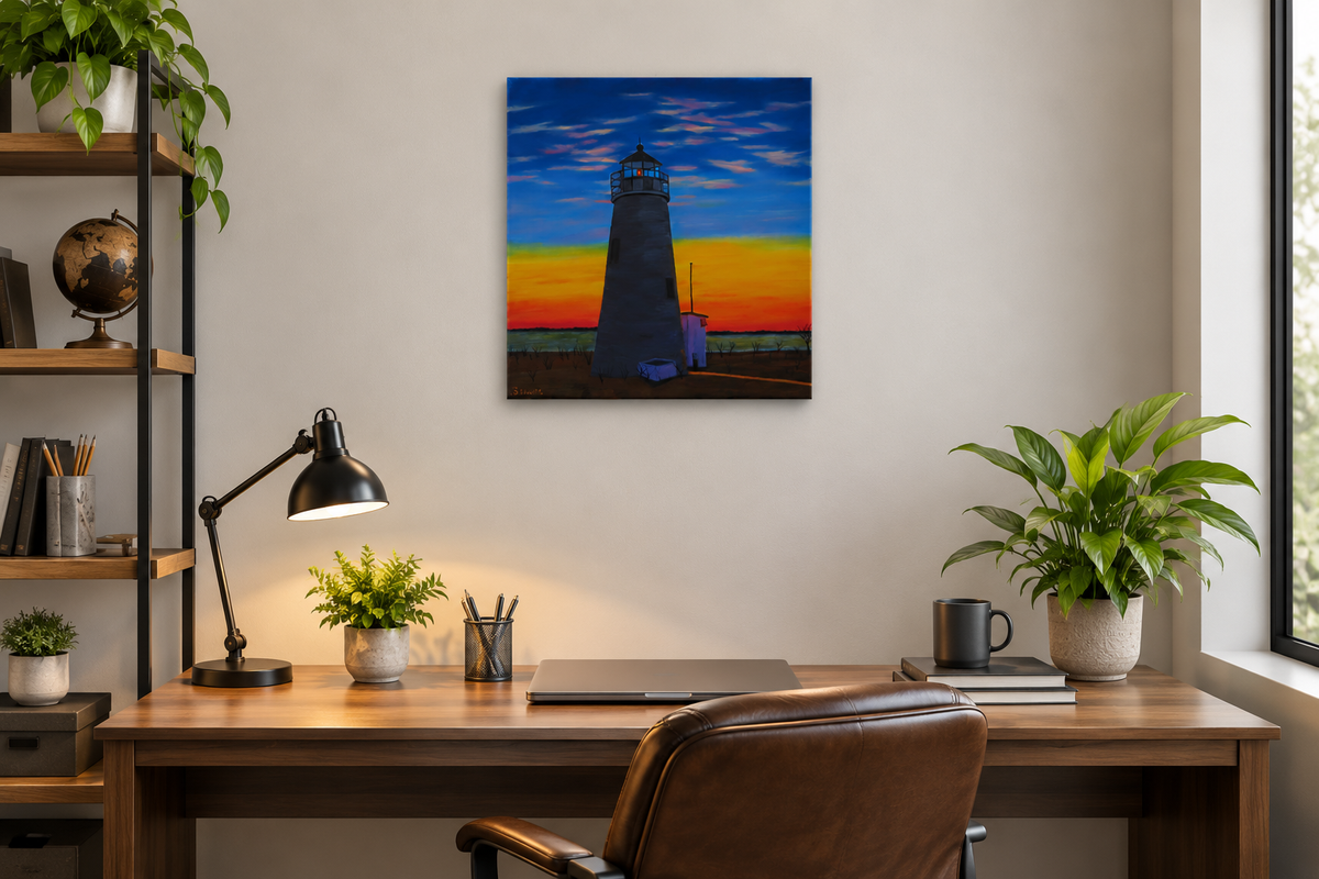 14x14" original oil painting, beautiful sunset, wispy clouds, ocean, lighthouse, unframed, shown over an office desk