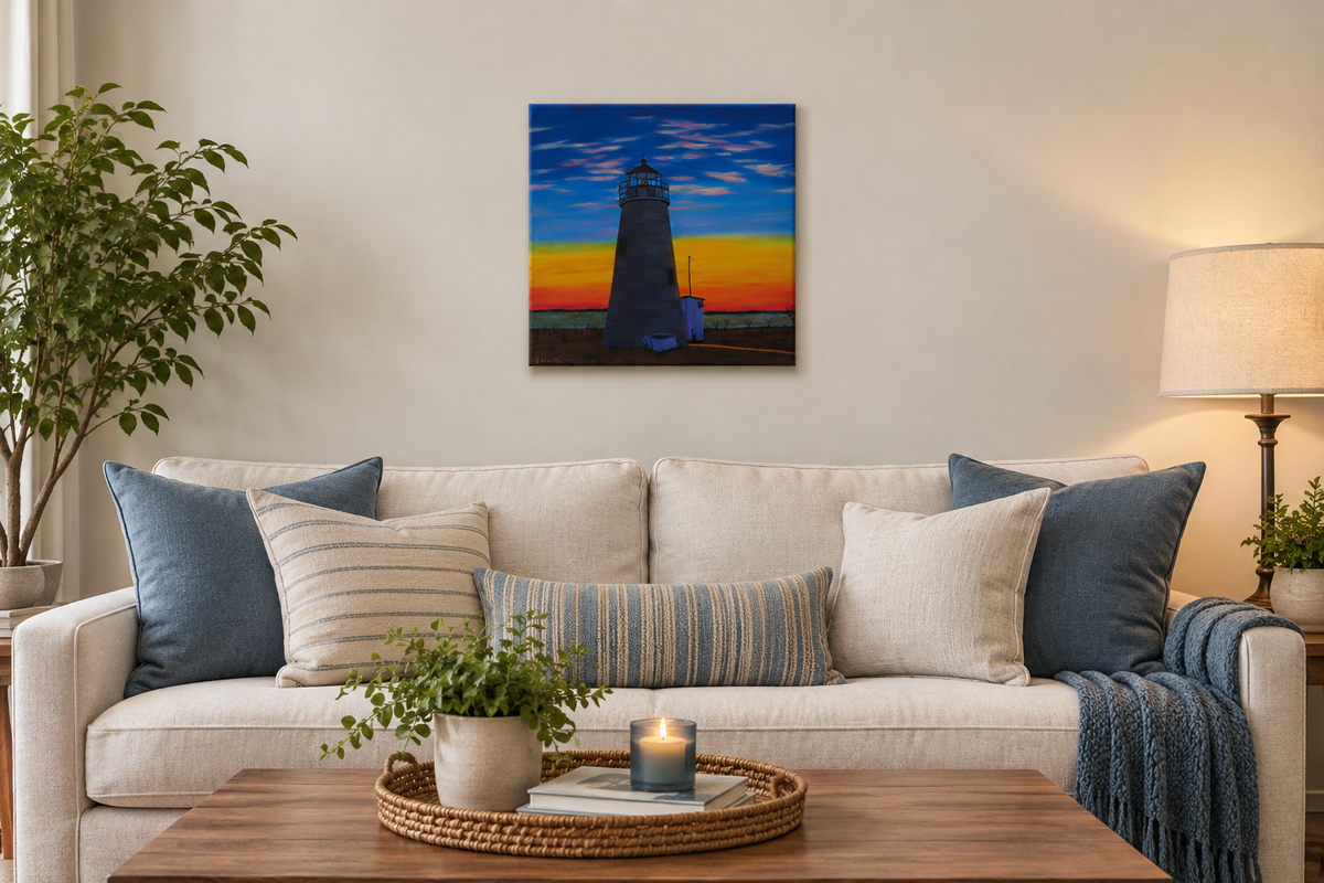 14x14" original oil painting, beautiful sunset, wispy clouds, ocean, lighthouse, unframed, displayed over a sofa