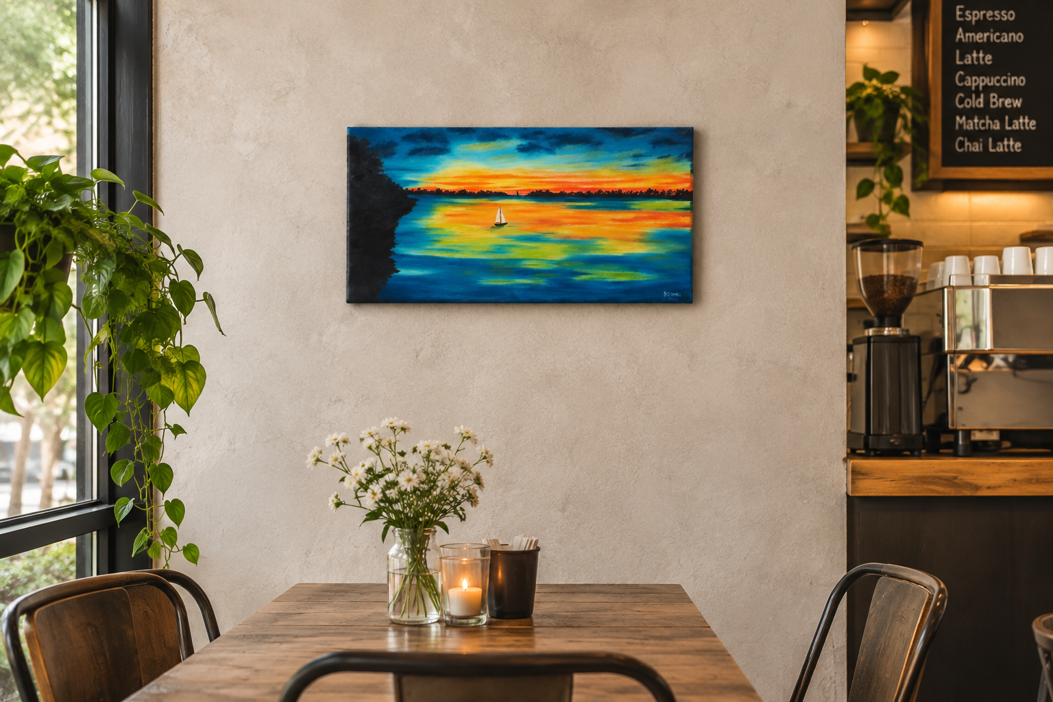 10x20 original oil painting,colorful sunset and reflections, sailboats, shownin a cafe