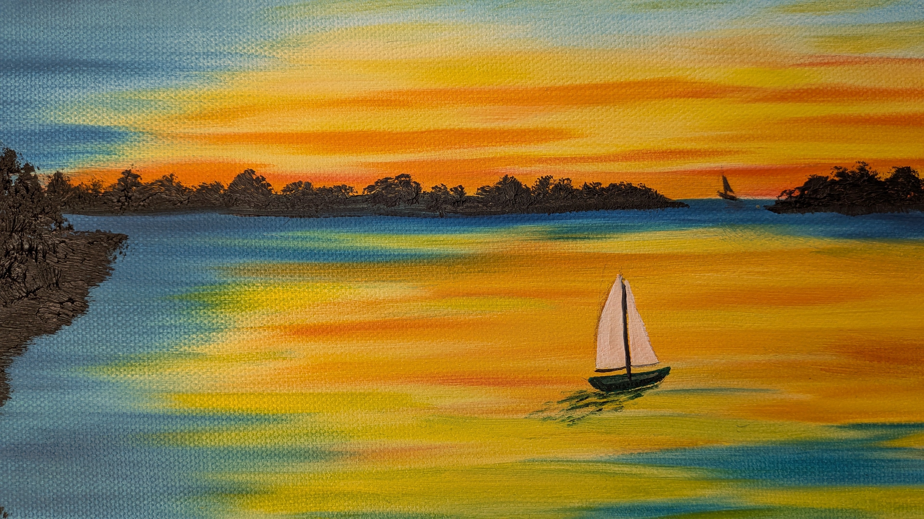 original 10x20 oil painting,colorful sunset and reflections, sailboat, showing close-up of sailboat