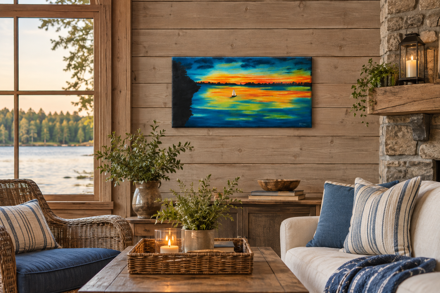 10x20" original oil painting,colorful sunset and reflections, sailboats, shown in a lakeside cottage