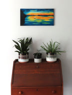 original 10x20 oil painting,colorful sunset and reflections, sailboats, unframed, displayed over secretary desk