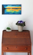 10x20" original oil painting,colorful sunset and reflections, sailboats, displayed over secretary desk