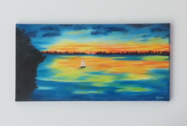 original 10x20 oil painting,colorful sunset and reflections, sailboats, unframed