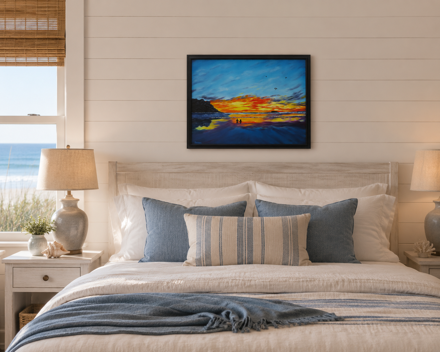 original oil painting, sunset sky reflected in ocean and sand, waves, romantic walk, paragliders, framed, displayed over bed