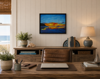 original oil painting, sunset sky reflected in ocean and sand, waves, romantic walk, paragliders, framed, displayed behind desk