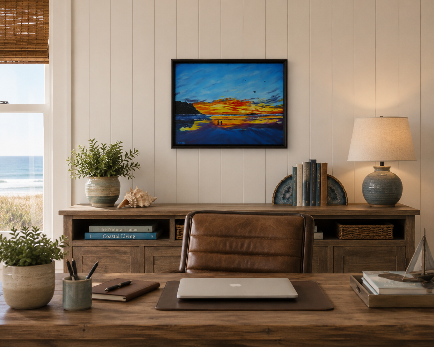 original oil painting, sunset sky reflected in ocean and sand, waves, romantic walk, paragliders, framed, displayed behind desk