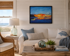 original oil painting, sunset sky reflected in ocean and sand, waves, romantic walk, paragliders, framed, displayed over sofa