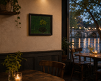 8x10" original acrylic painting, bonsai tree, on a tiny island, in the middle of a river, framed, shown in a riverside cafe at night
