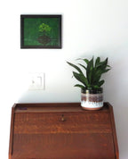 8x10" original acrylic painting, bonsai tree, on a tiny island, in the middle of a river, framed, shown over a secretary desk