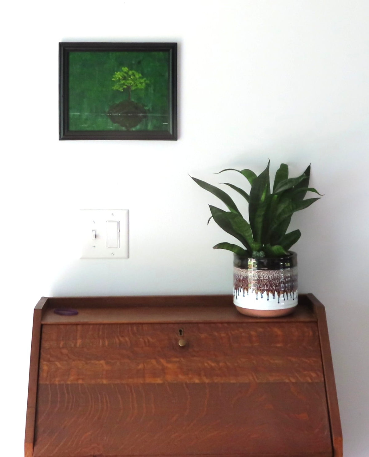 8x10" original acrylic painting, bonsai tree, on a tiny island, in the middle of a river, framed, shown over a secretary desk