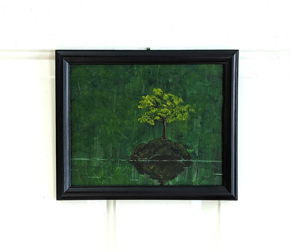 8x10" original acrylic painting, bonsai tree, on a tiny island, in the middle of a river, framed