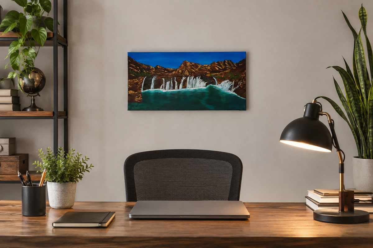 10x20" original oil painting, waterfalls, fairy pools, mountains, displayed behind office desk
