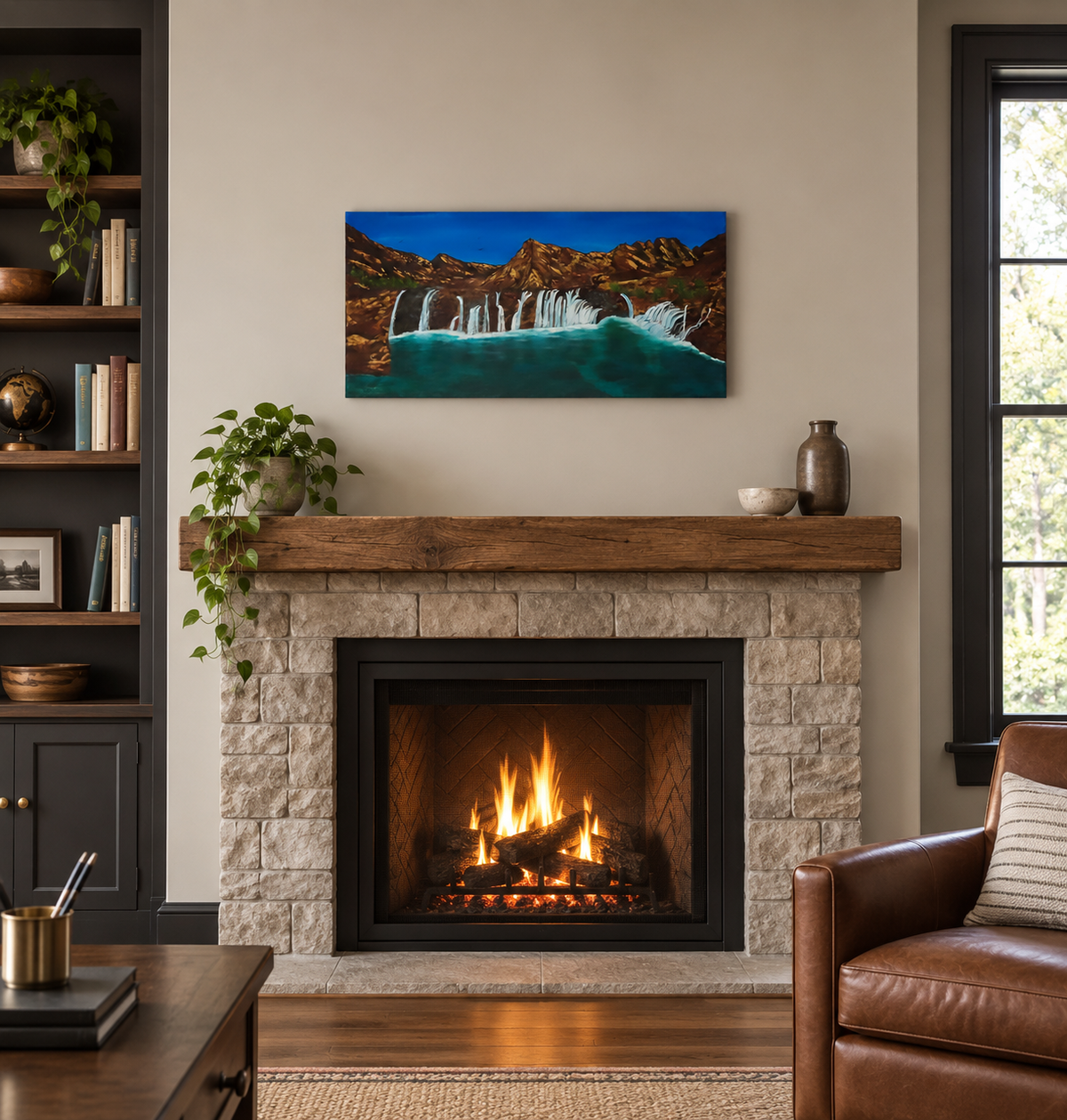 10x20" original oil painting, waterfalls, fairy pools, mountains, displayed over fireplace