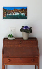 10x20" original oil painting, waterfalls, fairy pools, mountains, shown over secretary desk