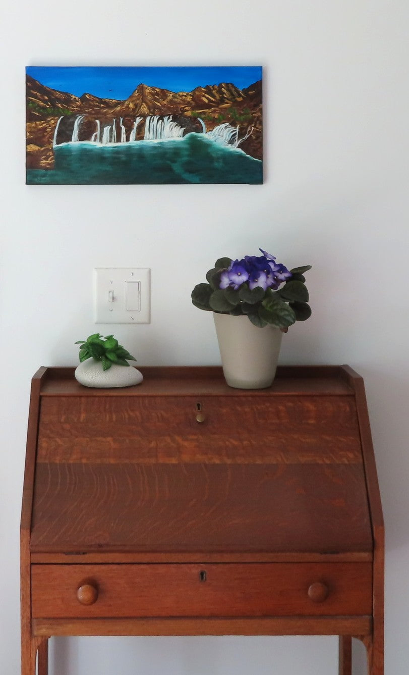 10x20" original oil painting, waterfalls, fairy pools, mountains, shown over secretary desk