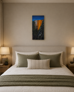 original oil painting on 12x24 vertical canvas brilliant reflection of sunset on Horsetail waterfall in Yosemite National Park, displayed over bed