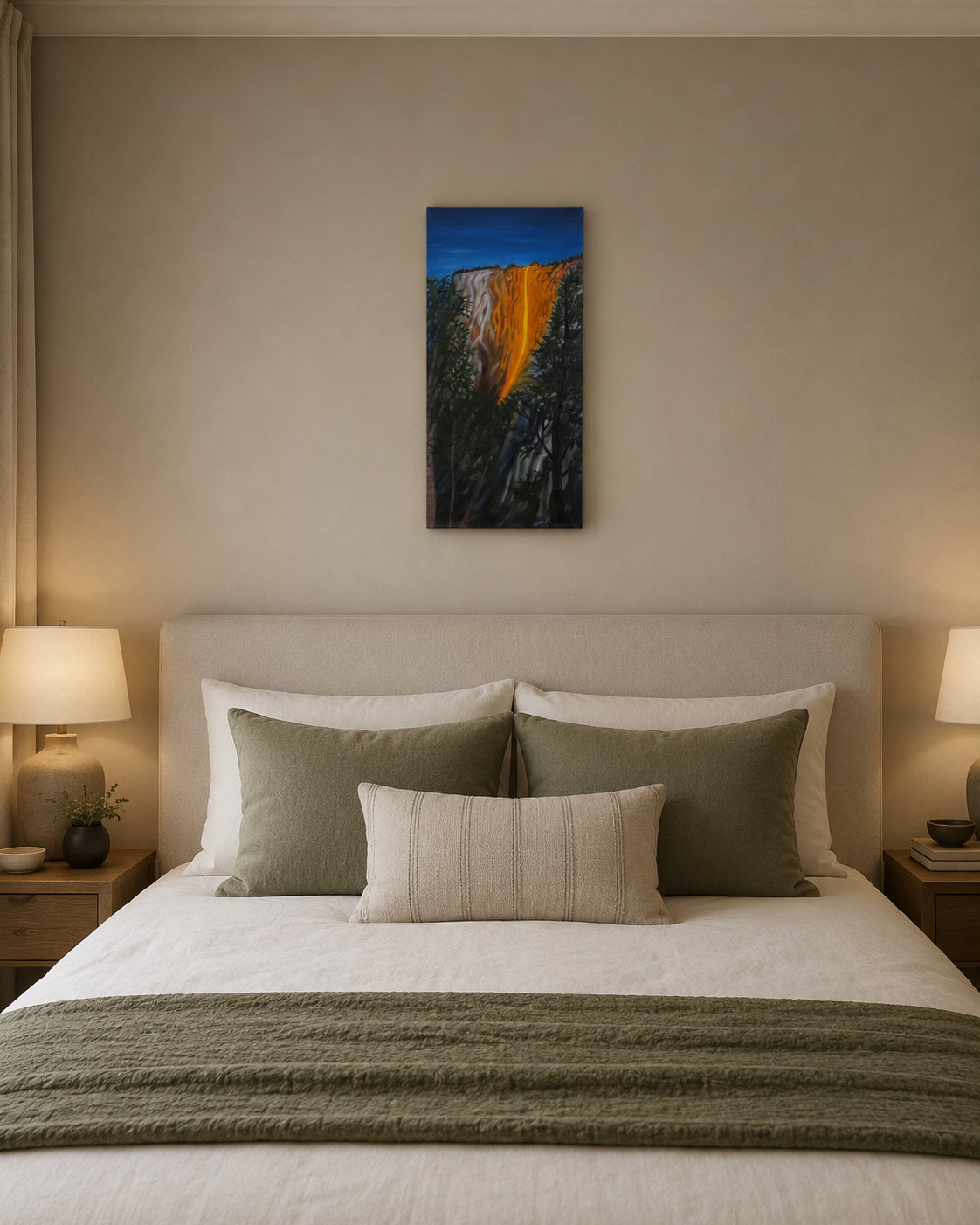 original oil painting on 12x24 vertical canvas brilliant reflection of sunset on Horsetail waterfall in Yosemite National Park, displayed over bed